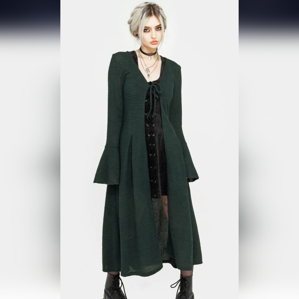 Xana Textured Tie Front Long Cardigan - Green